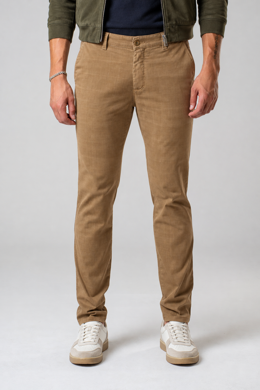 Pantalone chino in gabardina stampa quadri cammello